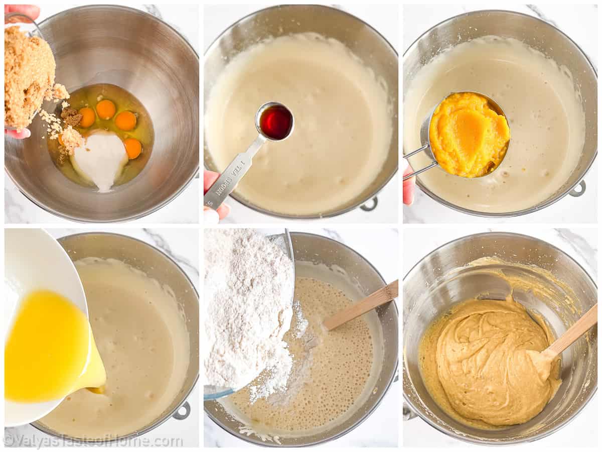 Beat your eggs together with both white and brown sugar on high speed until the mixture becomes foamy and pale in color.