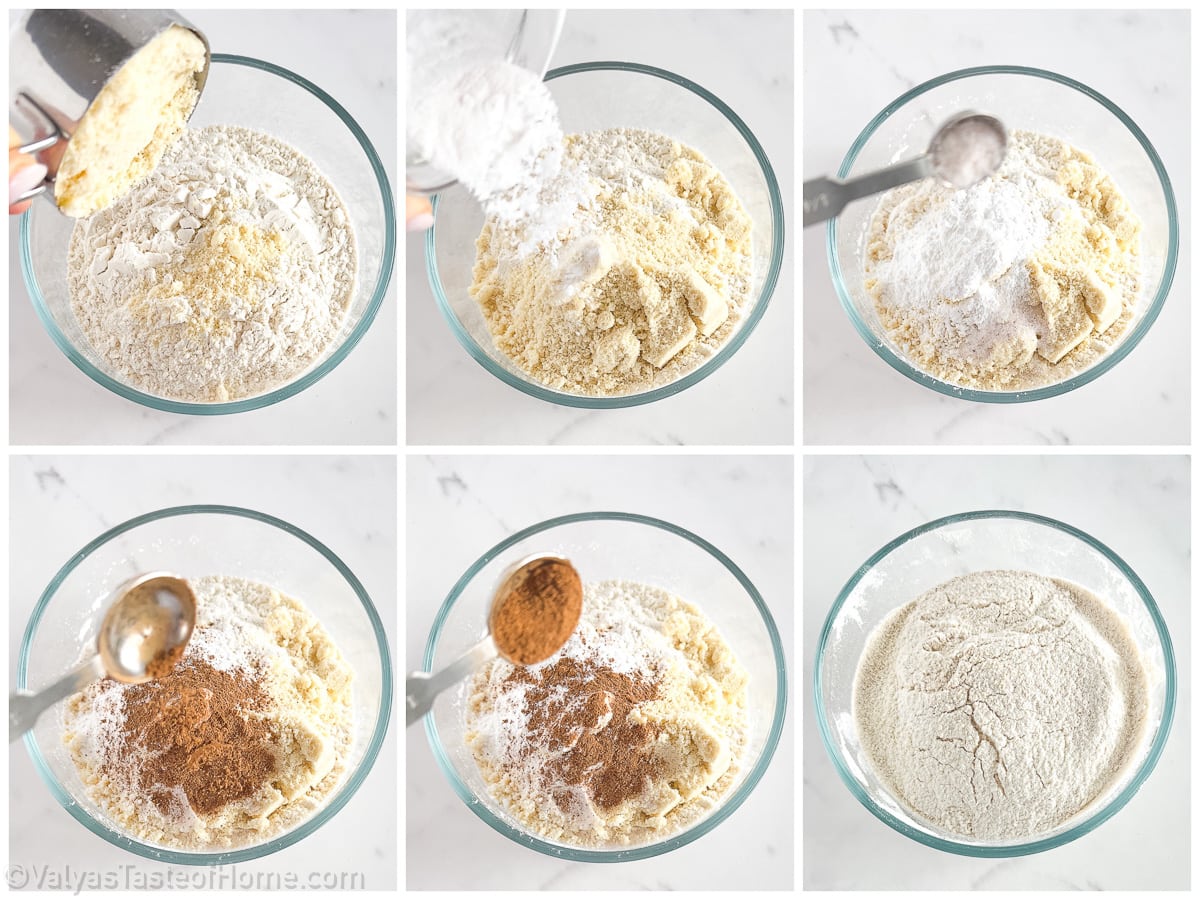 Begin by sifting your all-purpose and almond flour into a medium-sized bowl. 