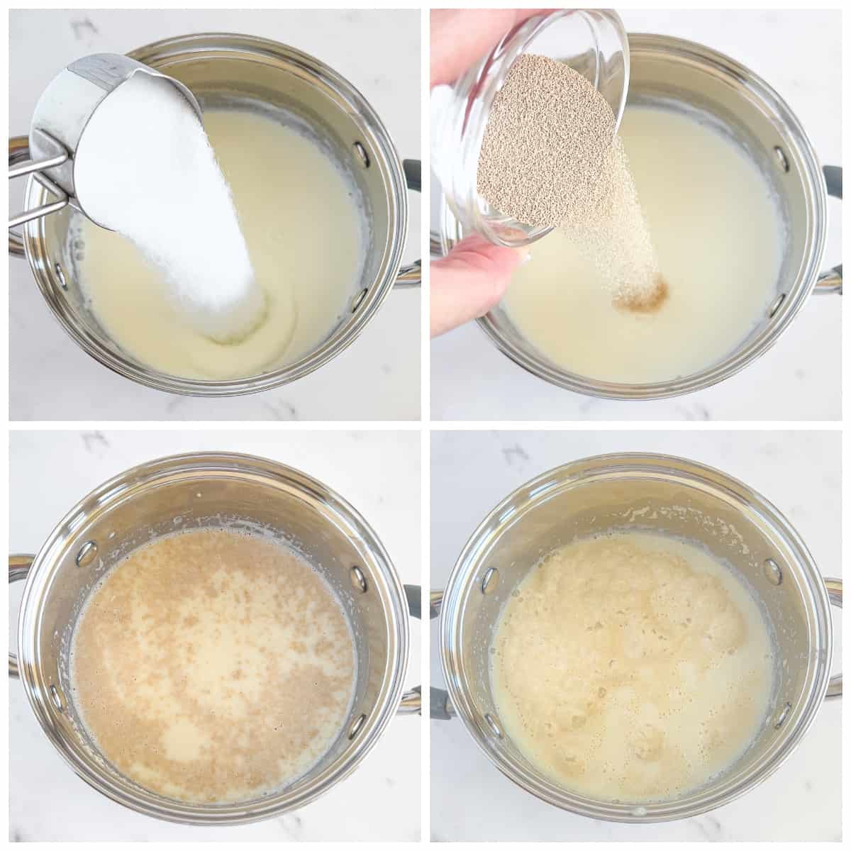 To activate the yeast, start by combining ¼ cup of sugar with boiled (and cooled to warm temperature) milk and dry yeast in a small bowl.