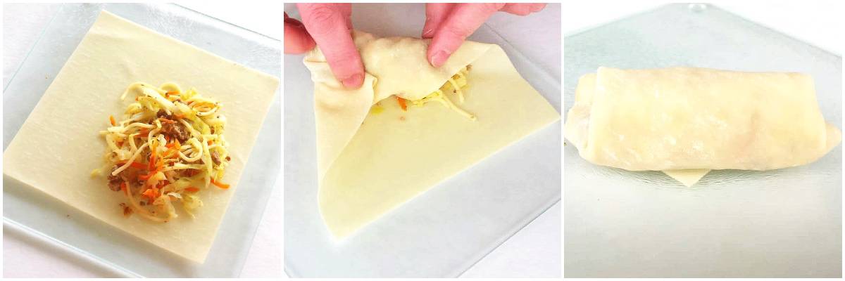 Place an egg roll wrapper on a small cutting board and spoon 3 tablespoons of the mixture onto it. Fold and roll the wrapper into an egg roll shape.