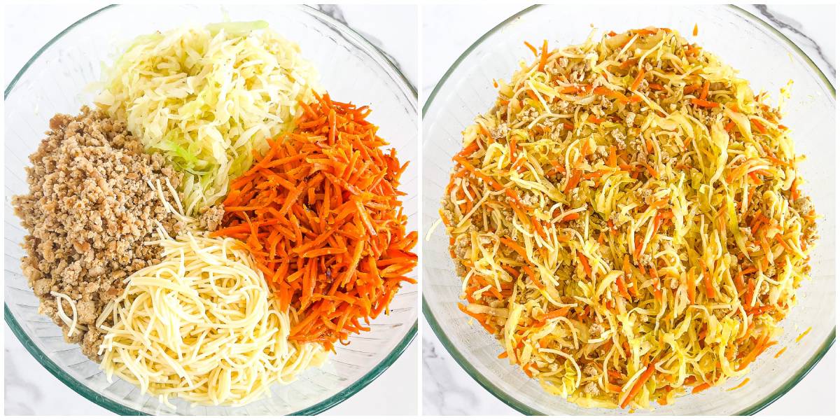 Once all the ingredients are cooled, add them to a large bowl and mix them together.