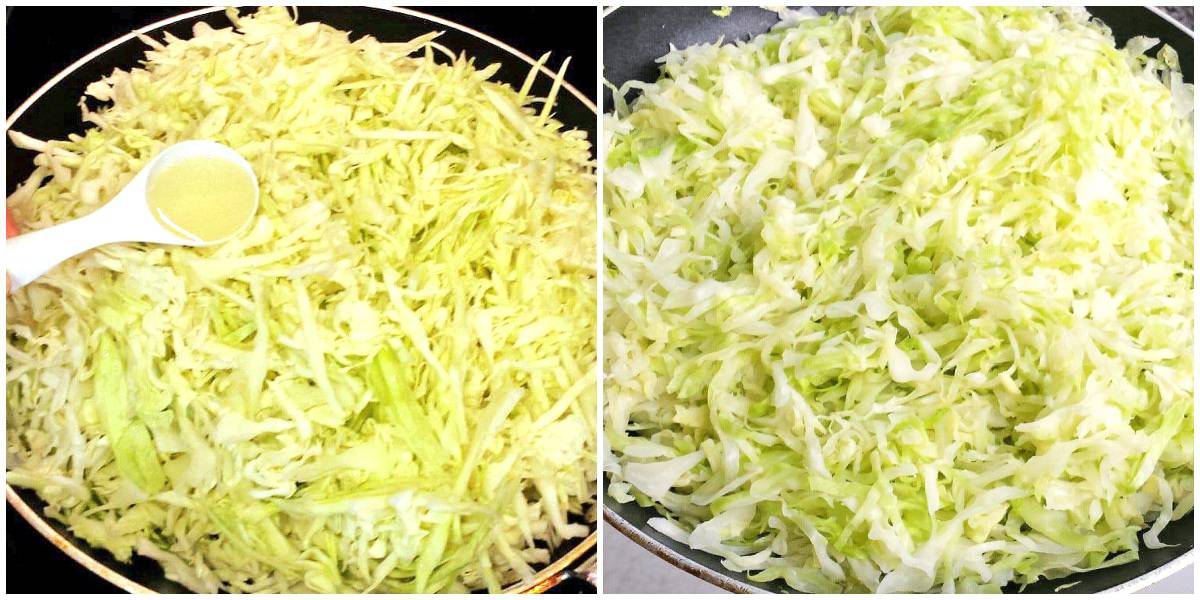Add the shredded cabbage to the skillet and fry it for 15 minutes, stirring it every minute to prevent burning.