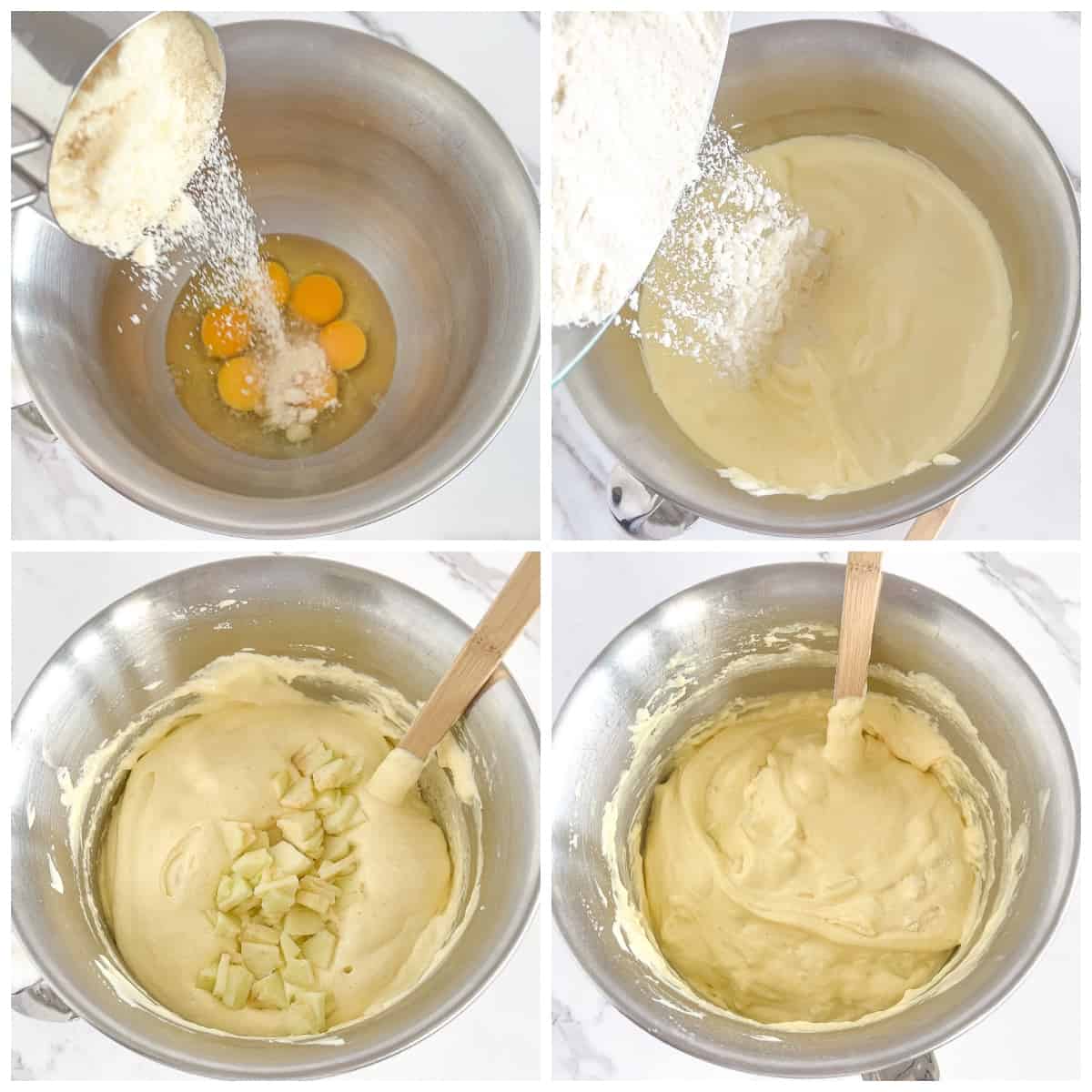 Gradually add the flour mixture to the beaten eggs and sugar. Stir the mixture using a whisk until all the ingredients are well combined.