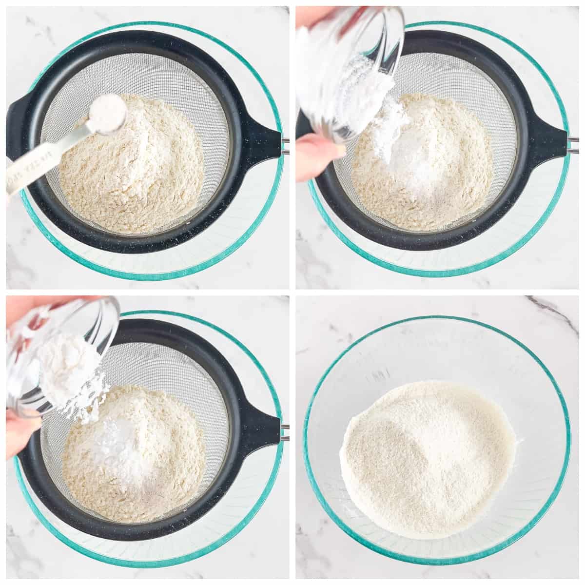 Start by adding the flour to a sifter placed over a medium bowl. 