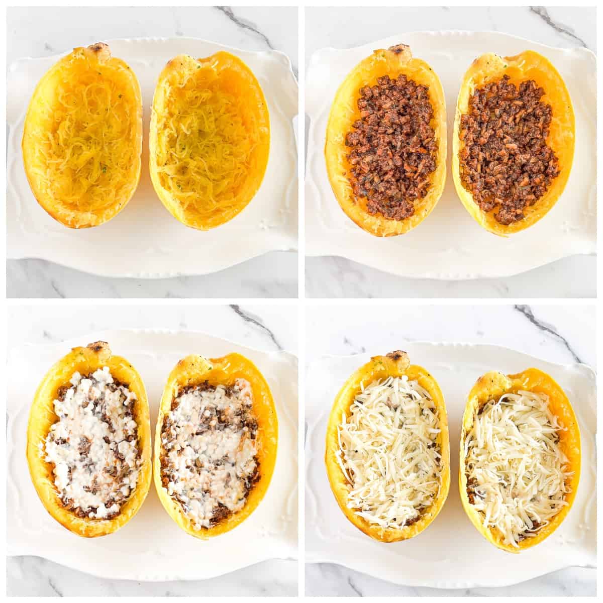 After the squash and meat are ready, it's time to assemble our spaghetti squash lasagna boats.