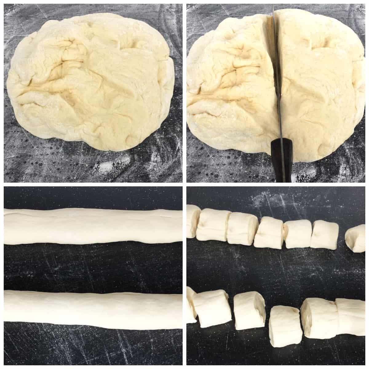 cut the log into eight equal pieces. Repeat this process with the other half of the dough.