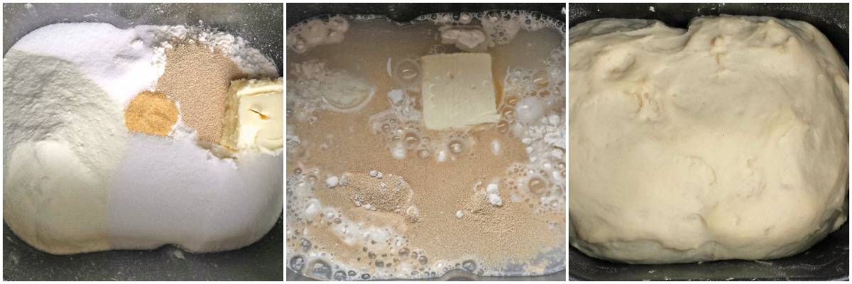 To make garlic dinner rolls, begin first by gathering all of the ingredients, including flour, dry milk, sugar, salt, garlic powder, active dry yeast, and butter. 