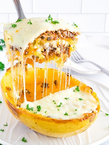 Every bite is the perfect combination of tender spaghetti squash layered with juicy grass-fed ground beef, delicious mushrooms, and a trio of cheeses.