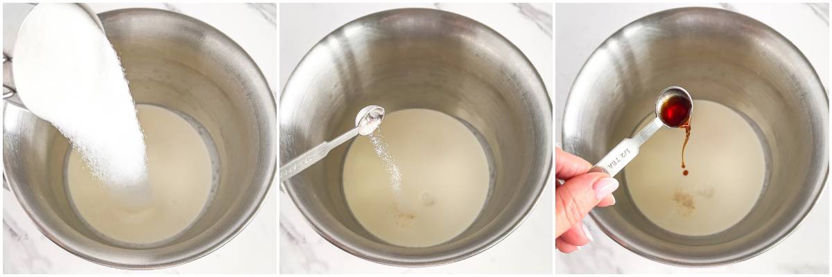 Once your bowl has sufficiently chilled, remove it from the freezer and add your heavy whipping cream, sugar, a pinch of salt, and a teaspoon of vanilla extract. 