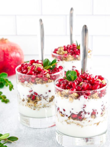 This Pomegranate Parfait is not only incredibly delicious but good for you too! It’s made using four simple ingredients for a dessert that’s creamy, crunchy, sweet, and tangy!