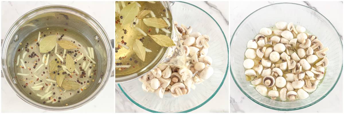 As soon as your marinade comes to a boil, carefully pour the hot mixture over the prepared mushrooms in a bowl.