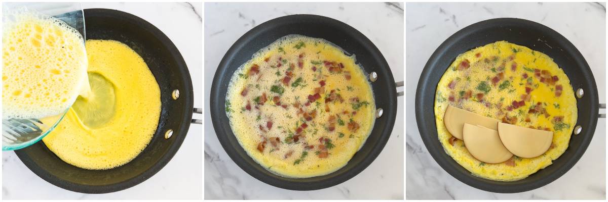 Pour the whisked egg mixture into the preheated skillet. Let it cook for about a minute without stirring, allowing the eggs to set around the edges. 