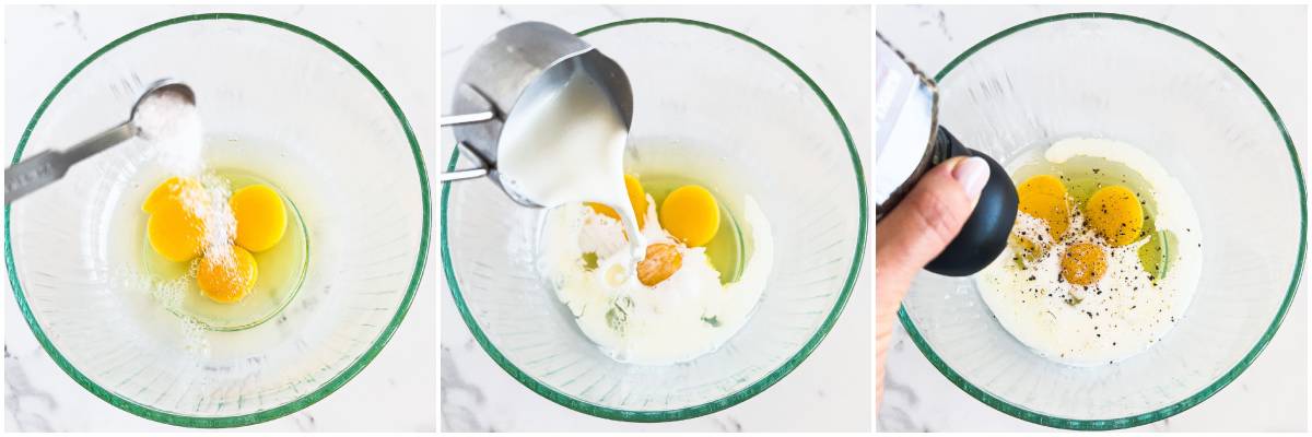 Start by cracking your eggs into a small bowl. Season them with a pinch of salt and pepper to taste.