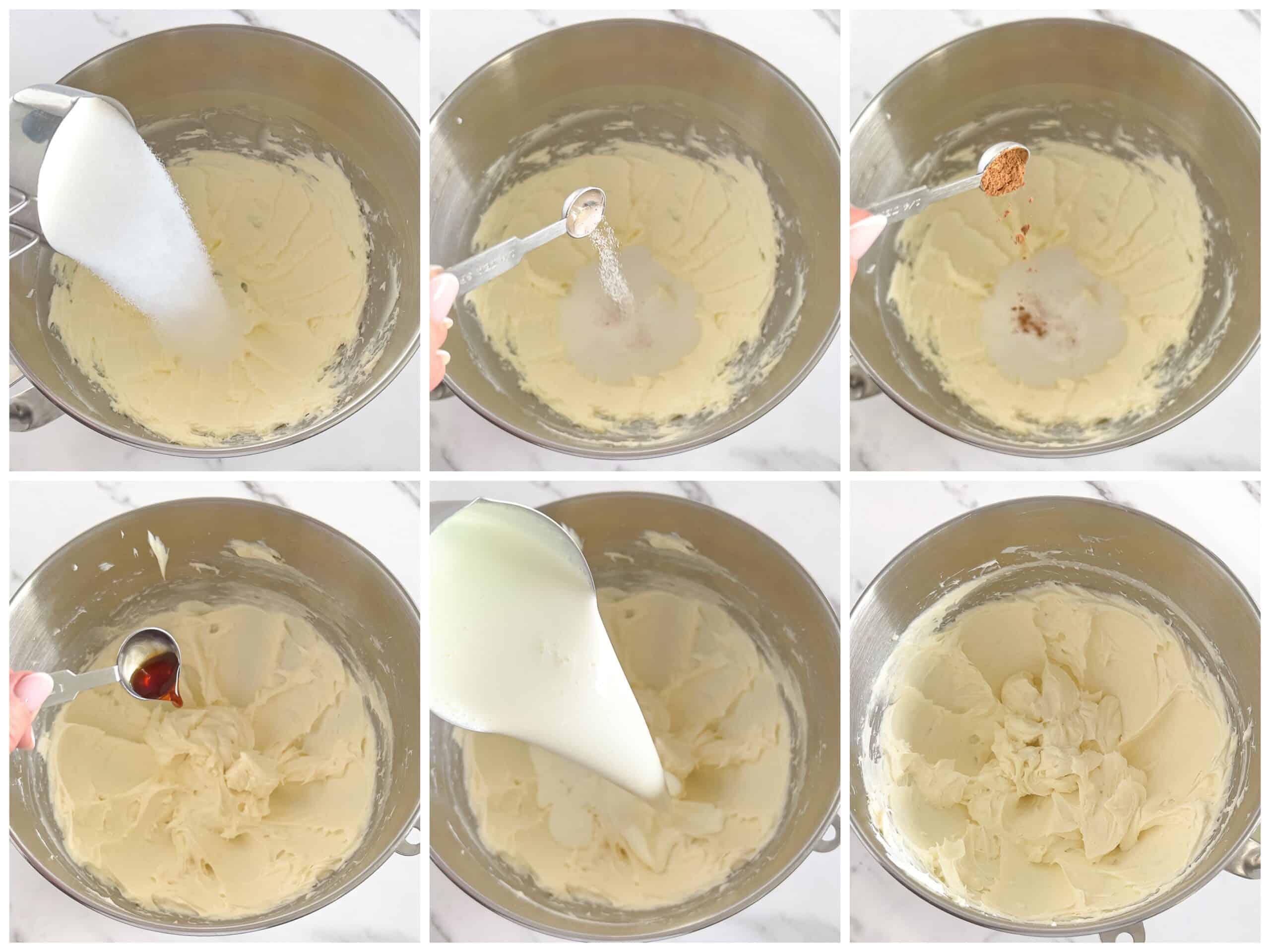 Combine softened butter and cream cheese in a mixing bowl and mix until well combined. Gradually add powdered sugar, beating until it’s fully incorporated.