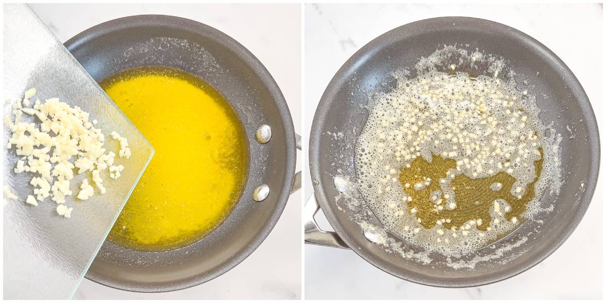 To make the garlic butter, melt your butter in a small skillet. Add the finely chopped garlic and sauté for about thirty seconds