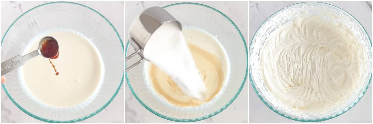 Add a pinch of sea salt and a splash of vanilla extract to the cream and beat it for a few more seconds. 