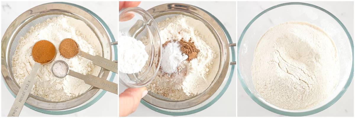 You'll need to sift together the flour, baking powder, baking soda, sea salt, cinnamon, and pumpkin pie spice.
