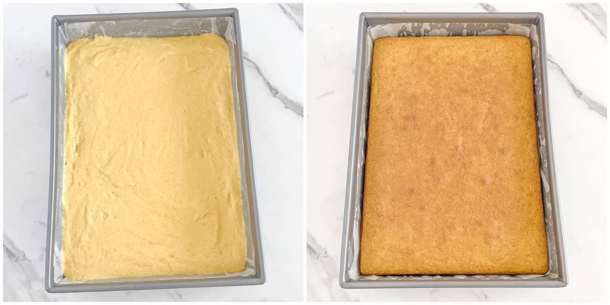 Pour the batter into the prepared baking pan and bake it.