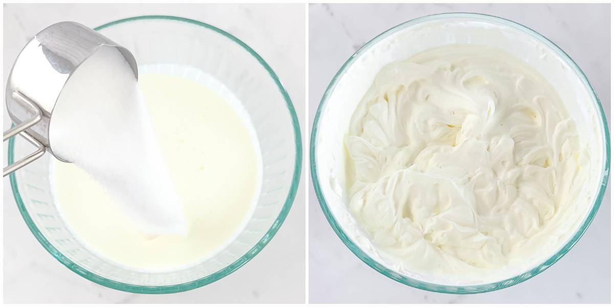 In a chilled mixer bowl, pour 2 cups of heavy cream. Add baker’s sugar to the cream and beat it until it thickens and becomes smooth in texture.