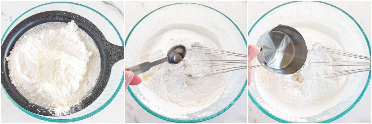 First, sift your powdered sugar and meringue powder into the bowl of a stand mixer.
