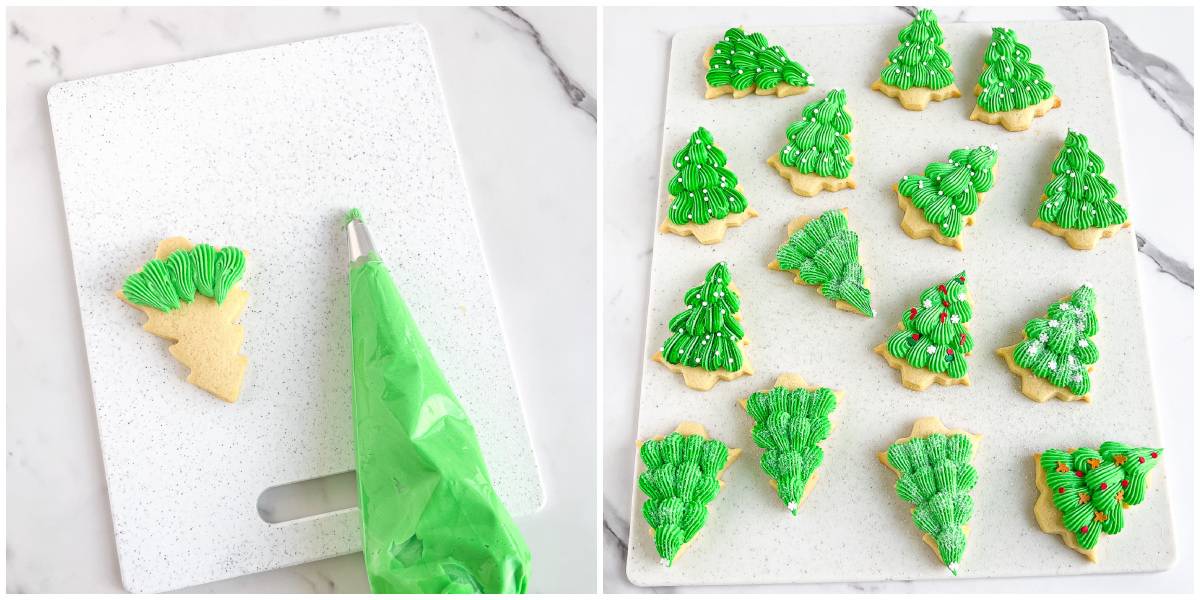 Finally, use a piping bag with a large star attachment to pipe frosting onto your cookies in the shape of a tree. 
