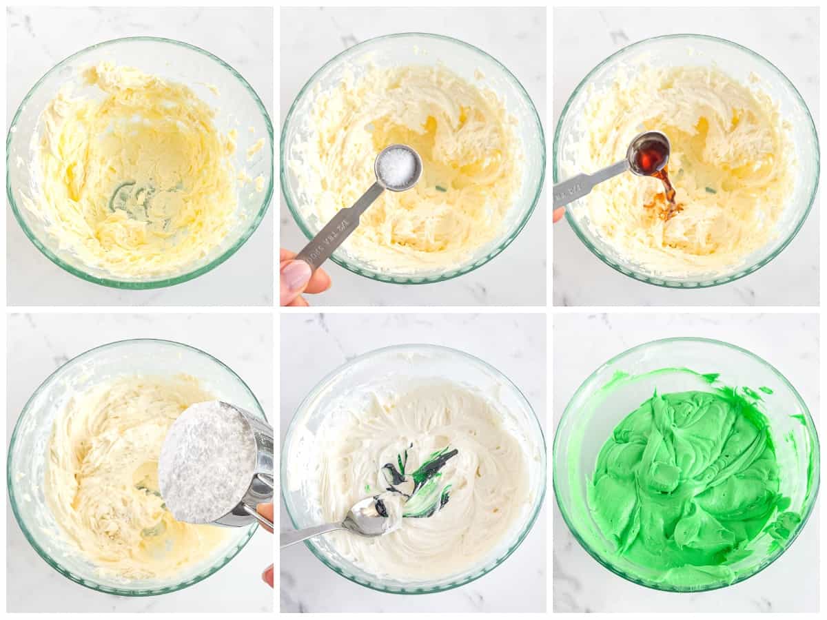 Mix until all the color is combined. If you want your frosting to have a snowy-dusted look, don't fully mix in the green coloring.