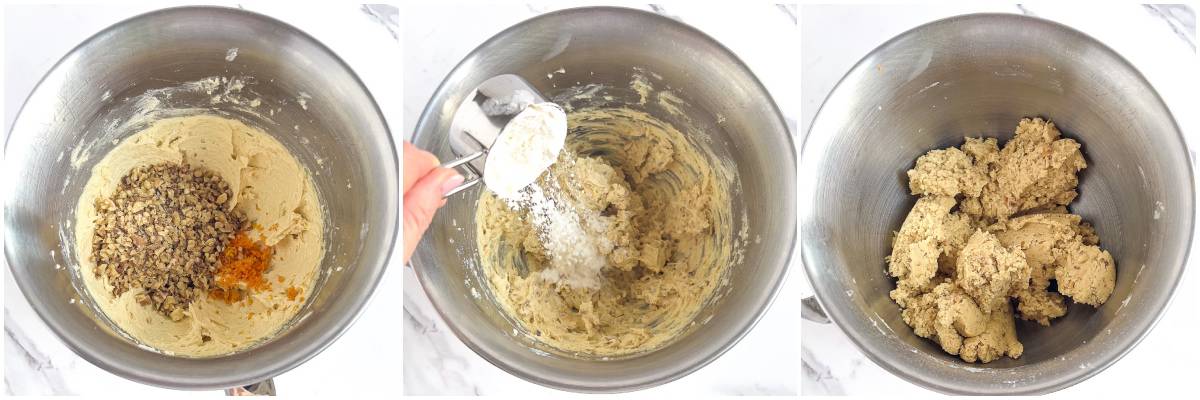 Add the flour mixture to the wet mixture half a cup at a time.