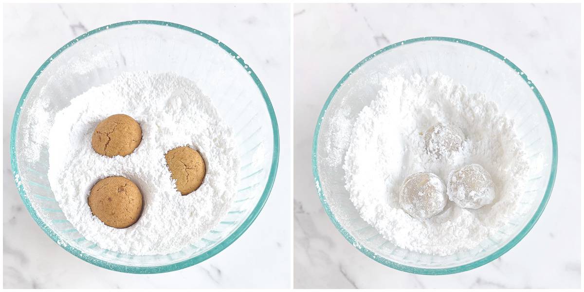 As soon as your cookies are baked and still hot, roll them in powdered sugar. 