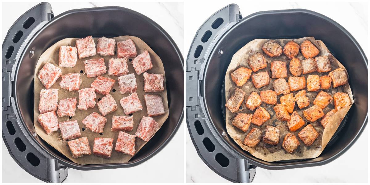 Spread out your salmon bites evenly in a lined basket of the air fryer. 