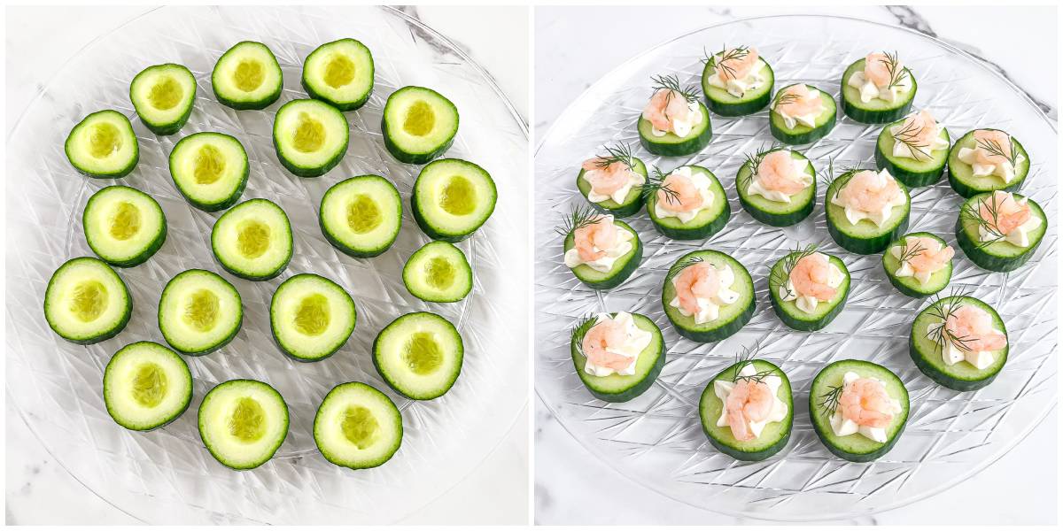 Place one small shrimp onto the creamy topping of each cucumber bite. 