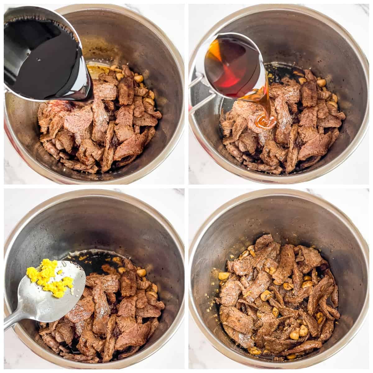 With all your steak and mushrooms browned and set aside, it’s time to add all your wet ingredients back into the Instant Pot. This includes soy sauce, sesame oil, maple syrup, beef broth, freshly pressed garlic, and ground ginger. 