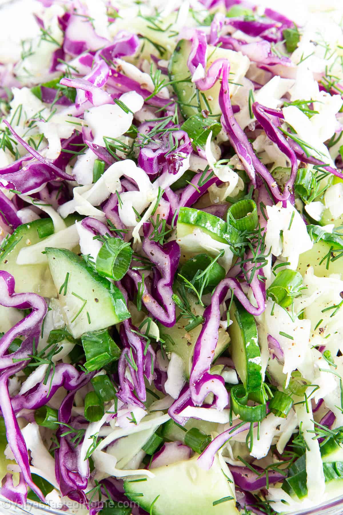 The fresh crunchy vegetables coated with homemade olive oil sauce dressing pairs so well together. Green onions elevate this salad to the next level. 