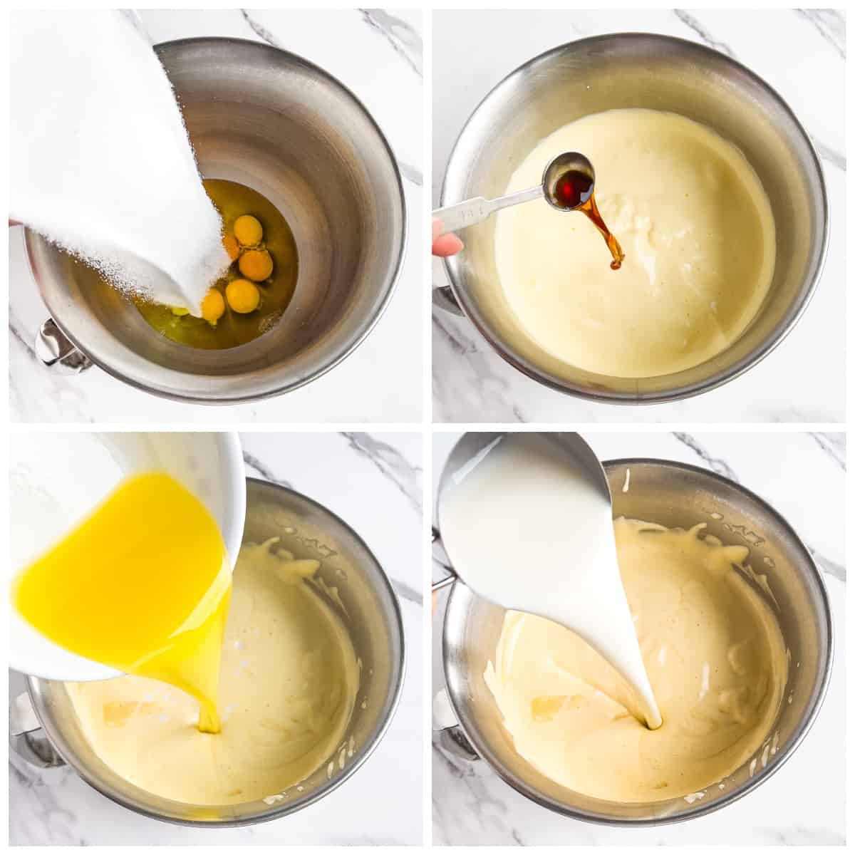 Turn the mixer speed down to medium/low and add your pure vanilla extract, melted butter, and your room temperature buttermilk, and make sure to take it out of the fridge ahead of time.
