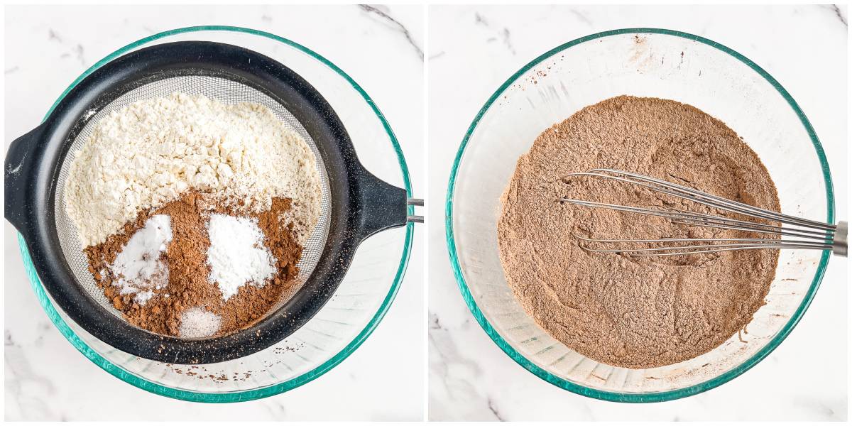 In a medium-sized bowl, sift together the dry ingredients - this includes your purpose flour, baking soda, cocoa powder, and a pinch of salt.