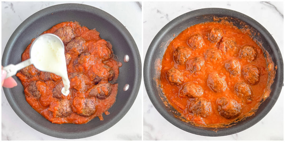 Place meatballs into a medium saucepan, add marinara sauce, and heavy whipping cream, and bring it to a simmer.