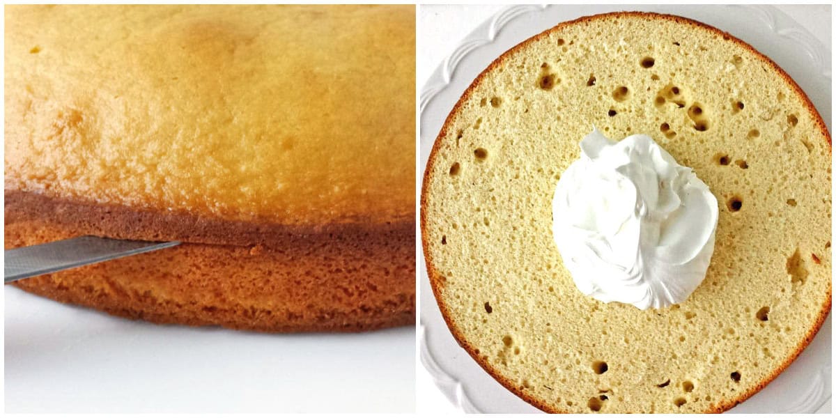 Cut the white cake horizontally in half. Then, place the bottom layer onto a cake platter. 