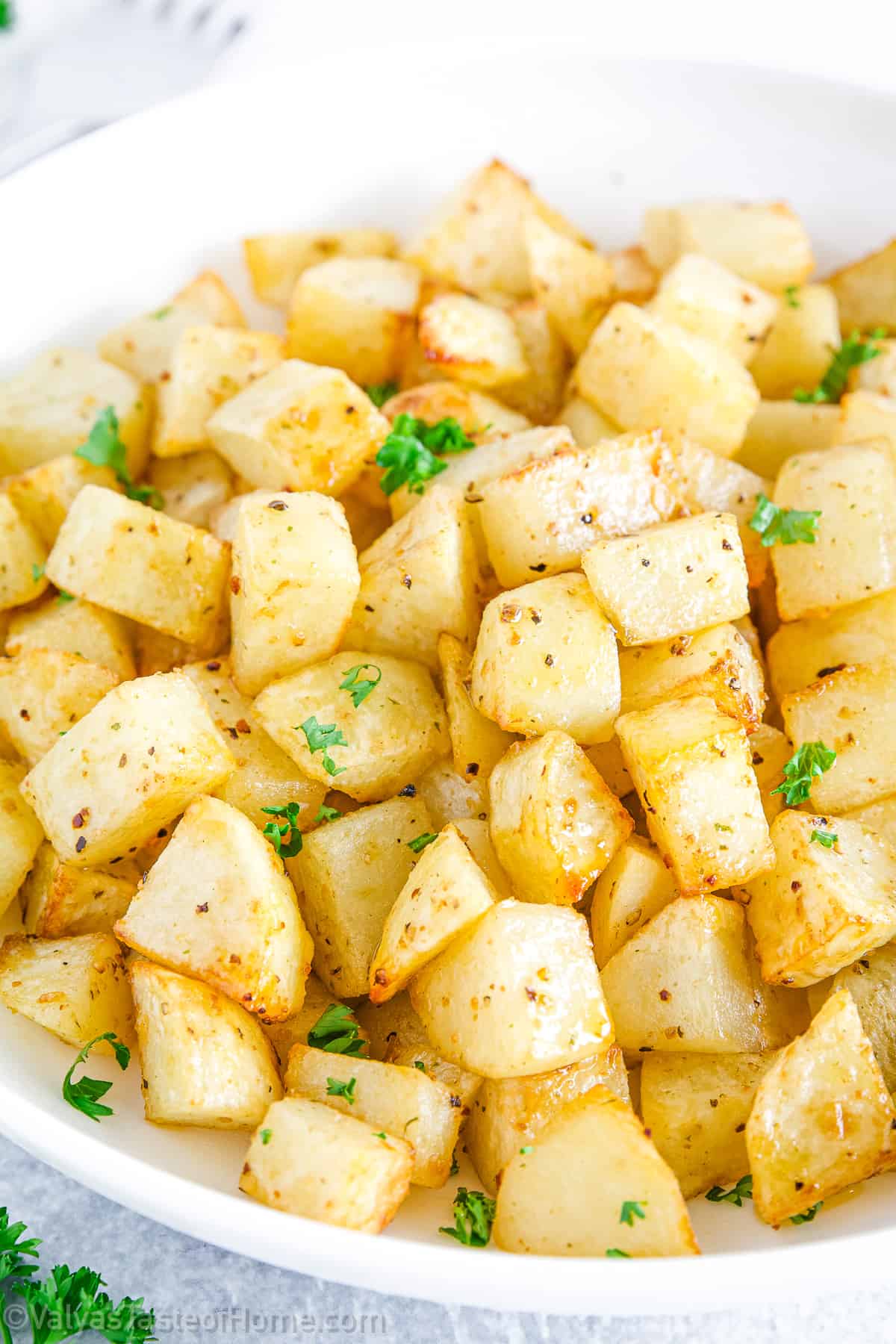 The combination of garlic salt, onion salt, and Mrs. Dash seasoning gives these potatoes a delicious savory flavor.