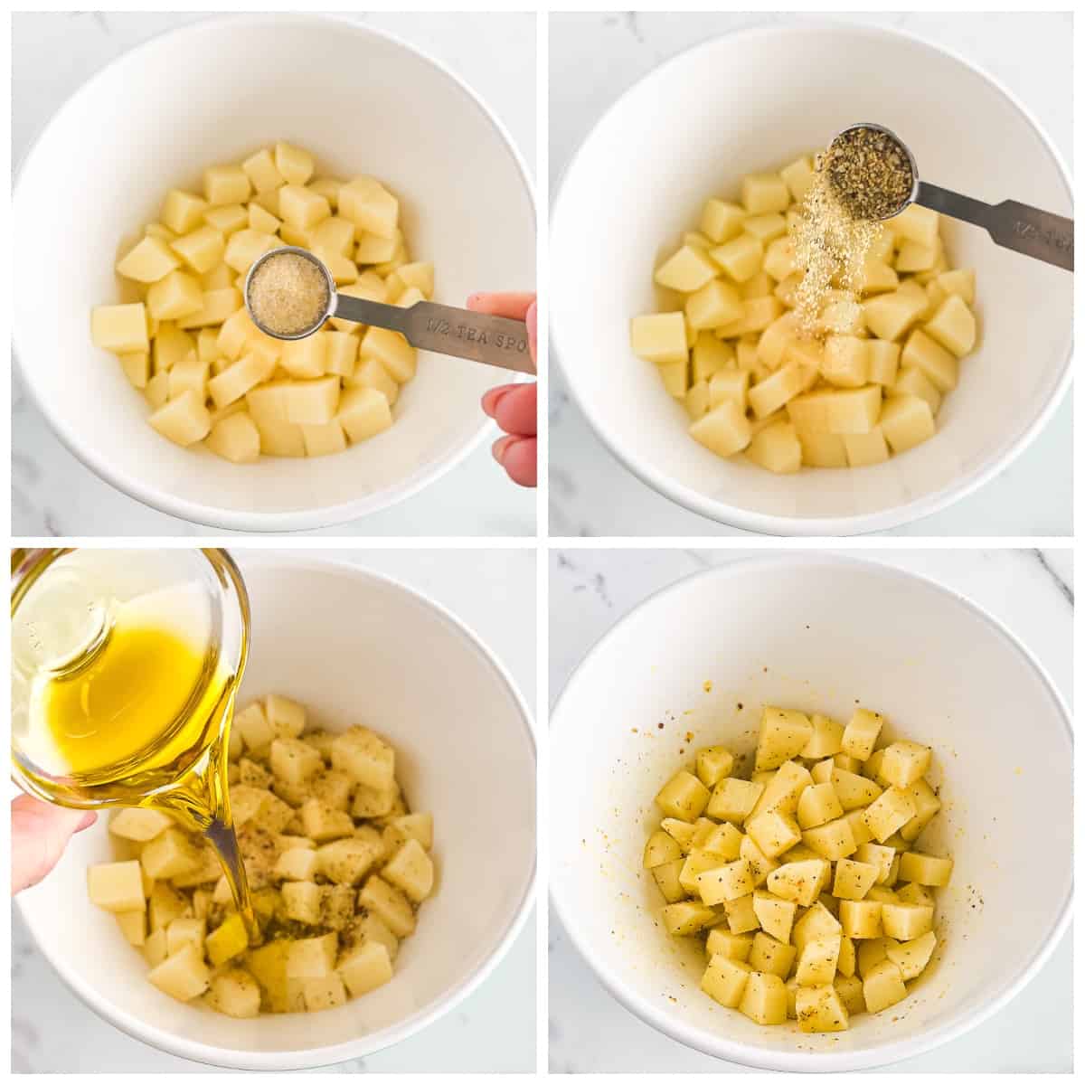 Start by peeling, rinsing, and dicing baking potatoes into quarter-inch cubes.