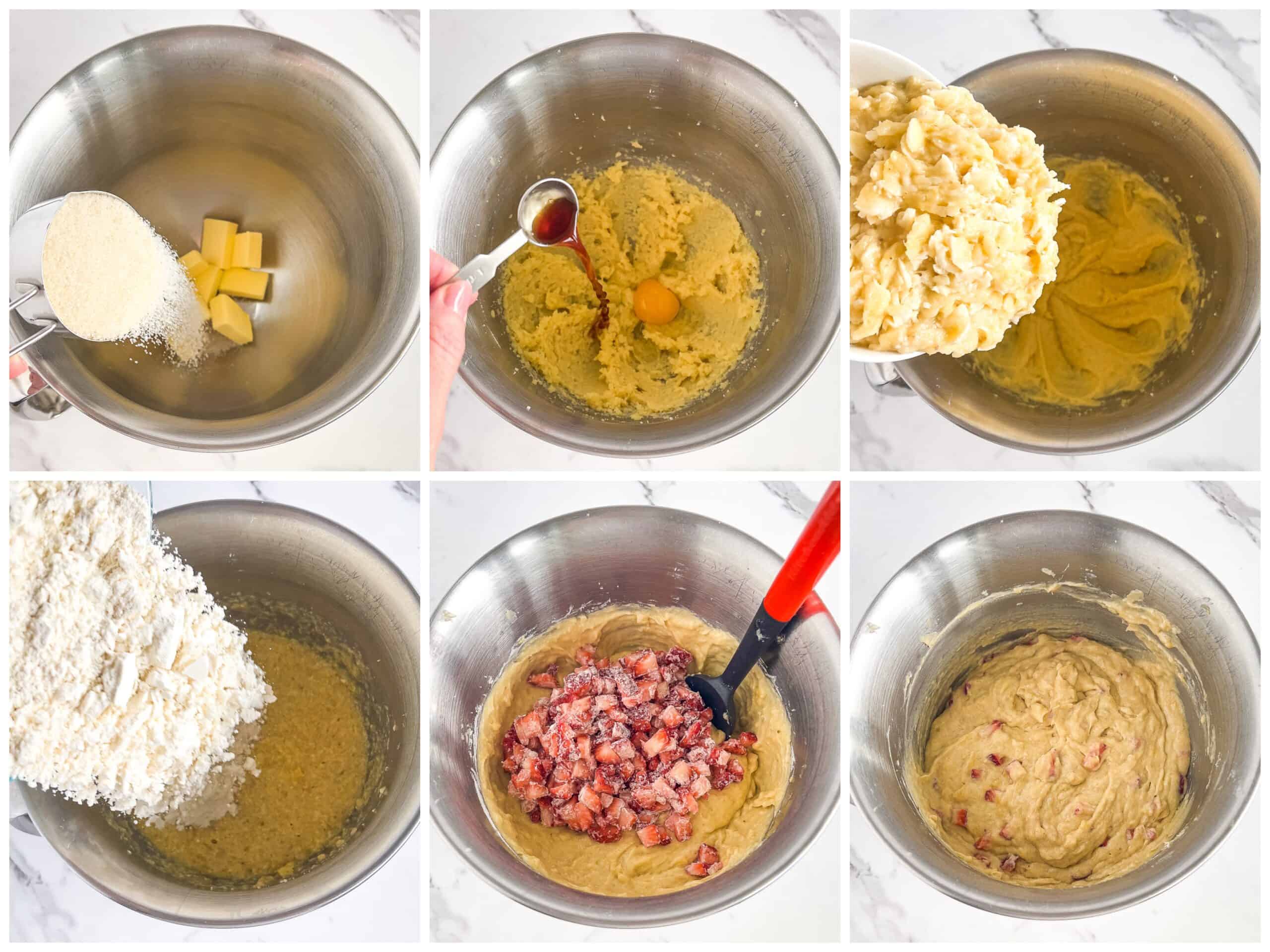 Combine wet and dry ingredients and mix well. Gently fold in mashed bananas and strawberries.