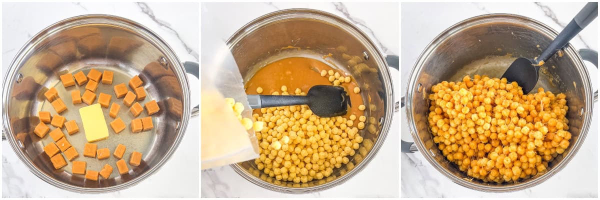 Stir the cereal and caramel together using a wooden or plastic spoon. Make sure to scoop the melted caramel from the bottom of the pan to the top.