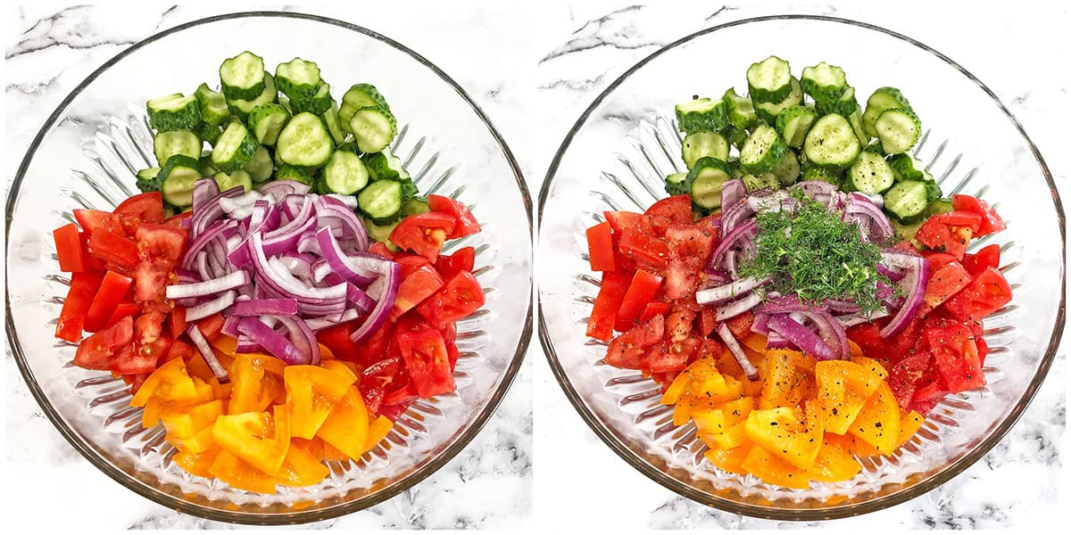 To make this delicious cucumber and tomato salad, start by rinsing the cucumbers, tomatoes, and purple onion thoroughly. 