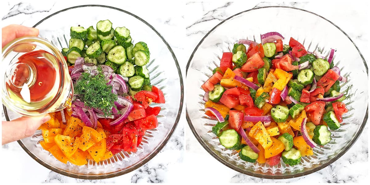 Finally, mix all the vegetables together until they are well-coated with the seasoning and dressing.