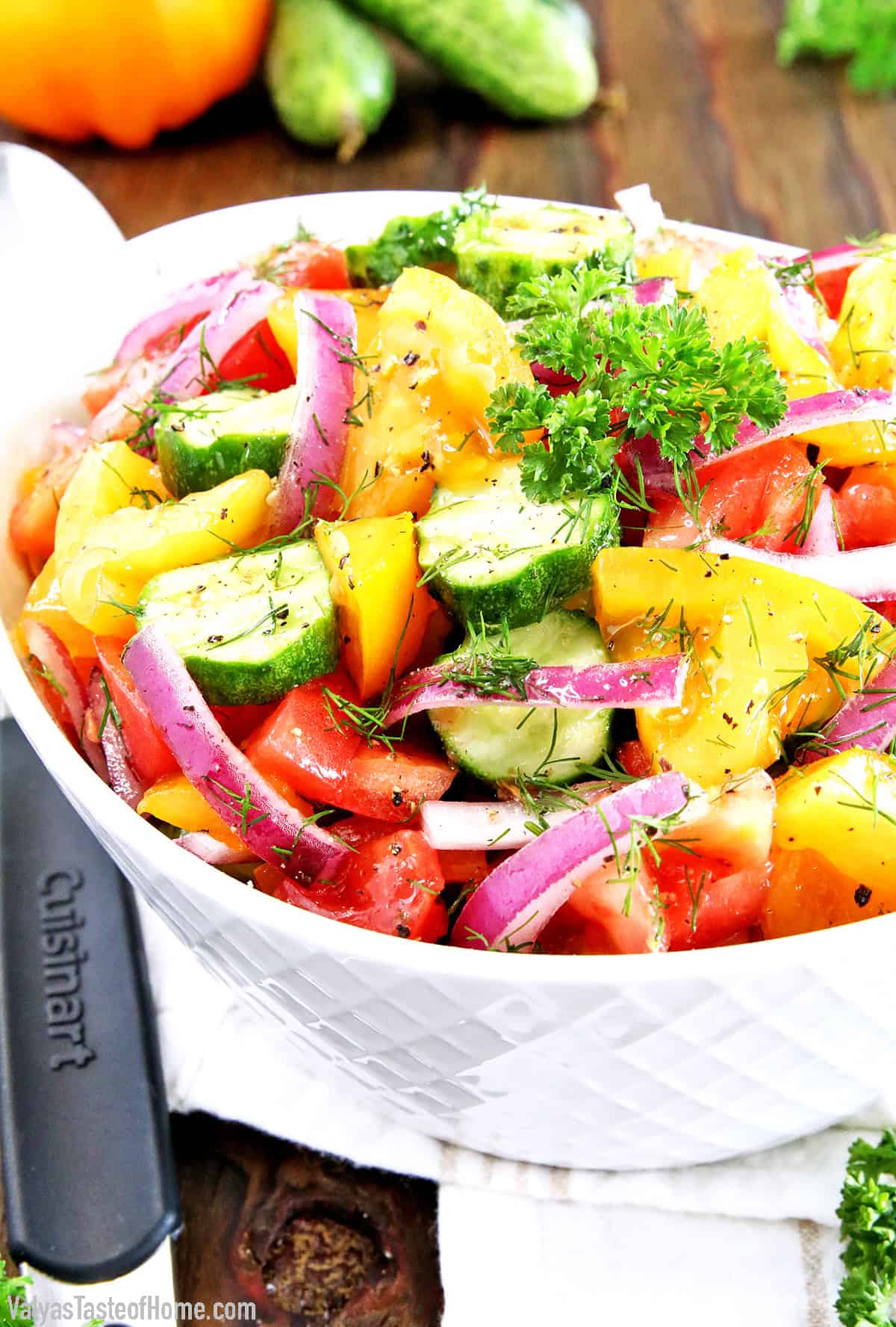 This Garden Salad Made with a variety of fresh and colorful vegetables is an incredibly refreshing and healthy side dish.