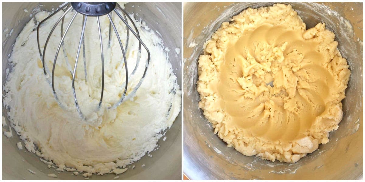 Using a paddle attachment beat butter and sugar in a mixer bowl on a high speed for 2 minutes. Reduce mixer to a low speed add eggs and beat for another minute until well mixed in. 