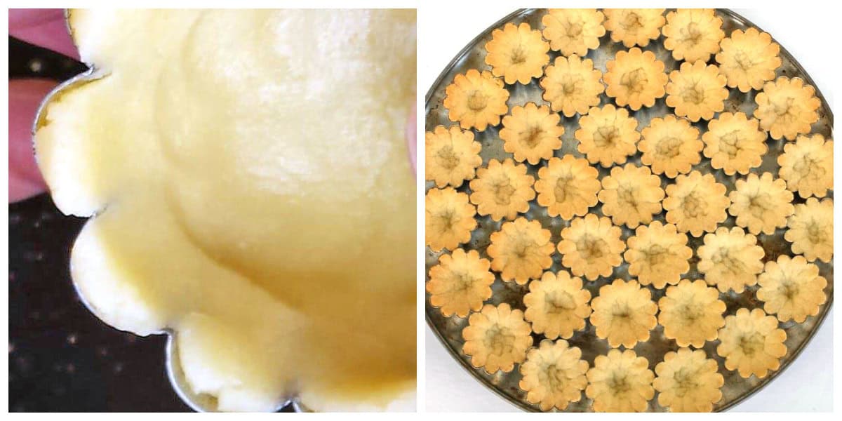 Place one ball at a time into a  mini tarts and then press it in the middle. Work the dough to the sides tightly. Press on the sides firmly to the form.