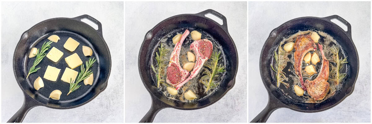 Add butter, fresh garlic cloves, and rosemary into a cast-iron skillet over medium-high heat. 