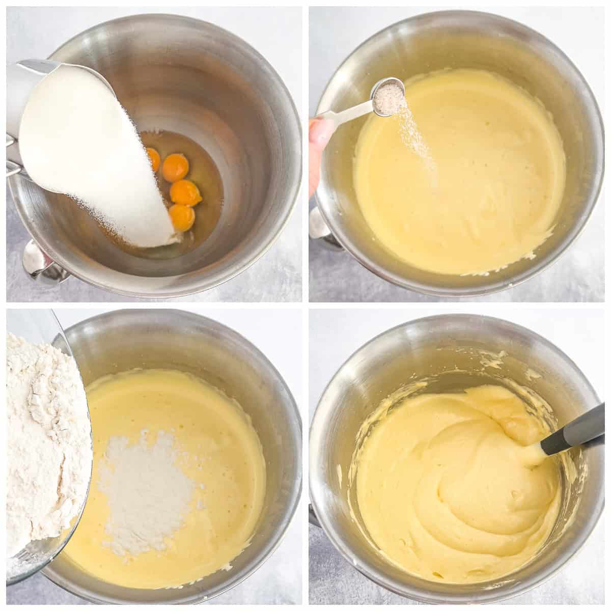 Add sea salt and gradually add flour into the egg mixture, a half cup at a time. It is important to mix in the flour carefully to maintain as many air bubbles as possible, as this will result in a lighter cake.