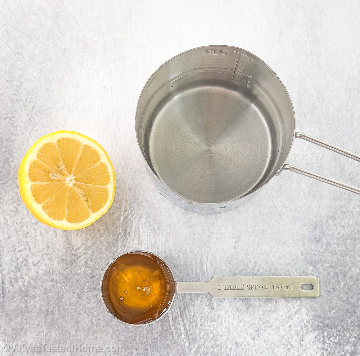 These are the ingredients for the soaking syrup. The syrup keeps the sponge cake moist and adds extra flavor.