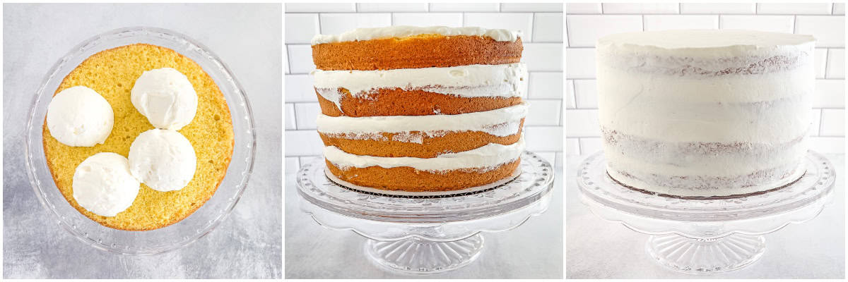 Place one piece of the cake on a platter and soak it with the honey/lemon syrup. Then, spread a layer of your frosting evenly over the cake using a spatula. Repeat these steps with the remaining cake layers.
