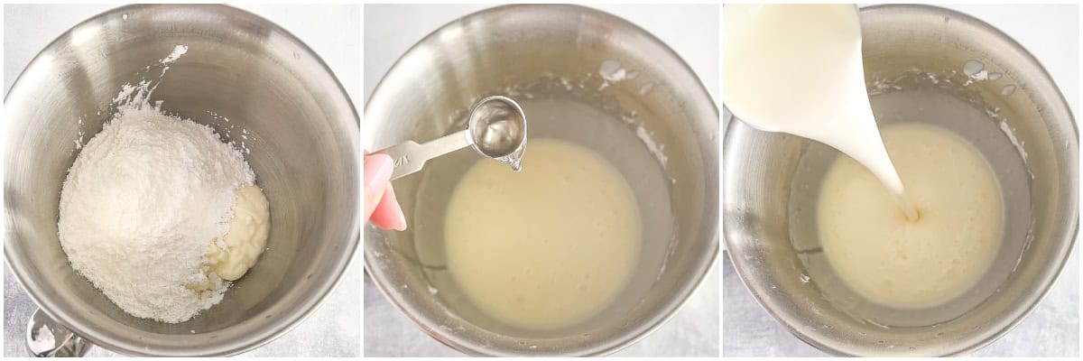 For the frosting, beat Greek yogurt and powdered sugar in a stand mixer on medium speed for 30 seconds until combined.